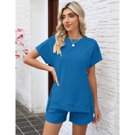 Rapbin Women's Short Pyjamas Cotton Plain Crew Neck Pyjamas Set with Elastic Waistband and Pockets, blue, XXL