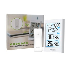 BALDR Wireless Digital Weather Station Clock- Indoor Outdoor Thermometer Wireless Home Weather Station with Temperature Monitor, Humidity Guage, Time & Date - White Backlight LCD Display, White