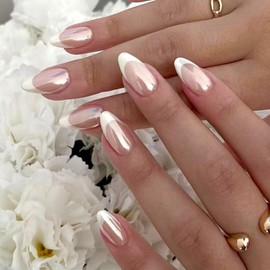 Pack of 24 Artificial Nails, Short Almond False Nails, French White Shiny Artificial Nails, Press On Nails, Acrylic Full Cover Fingernails Nails for Sticking on for Women and Girls