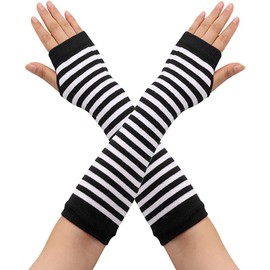 Andiker Fingerless Gloves with Long Sleeves for Women, Stretchy Striped Knitted Arm Warmers, Thumb Hole Gloves, Black and White