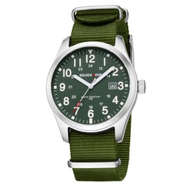 GOLDEN HOUR Men's Nylon Slip-Thru Strap Watch with Military Time Easy Read Dial Glowing Hands in Silver Green