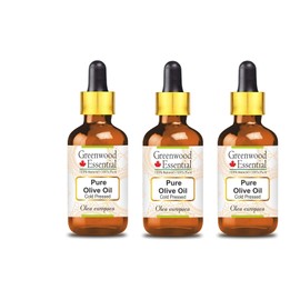 Greenwood Essential Pure Olive Oil (Olea Europea) with Glass Dropper Natural Therapeutic Quality Cold Pressed (Pack of Three) 100 ml x 3 (10 oz)