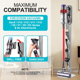 SIOMK Vacuum Stand for Dyson Gen5 V15 V12 V11 V10 V8 V7 V6, Drill-Free Standing Dock with Conceal Cables & Space-Saving Design, Stable Metal Organizer for Cordless Cleaner & Attachments, Easy Assembly