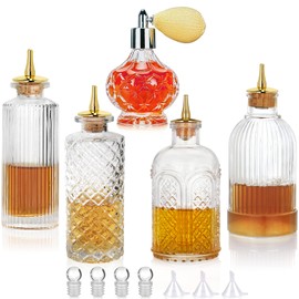 SuproBarware Glass Bitters Bottle 5pcs Set for Vermouth Sprayer Atomizer Gold Plated Zinc Alloy Dasher Top for Cocktail and Display (5pcs)