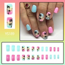 24Pcs Summer Press on Nails Short Summer Palm Tree Fake Nails Square Blue Pink Glue on Nails Beach Twilight Hawaii Nail Art Designs Acrylic Nails Beach Vacation Nails Set for Women