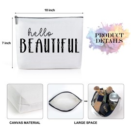 UHADRE Canvas Makeup Bag(Mini Mirror Included), Hello Beautiful, Canvas Cosmetic Bag, Friend Gift, Gift for Women, Travel Toiletry Makeup Bag -CB02