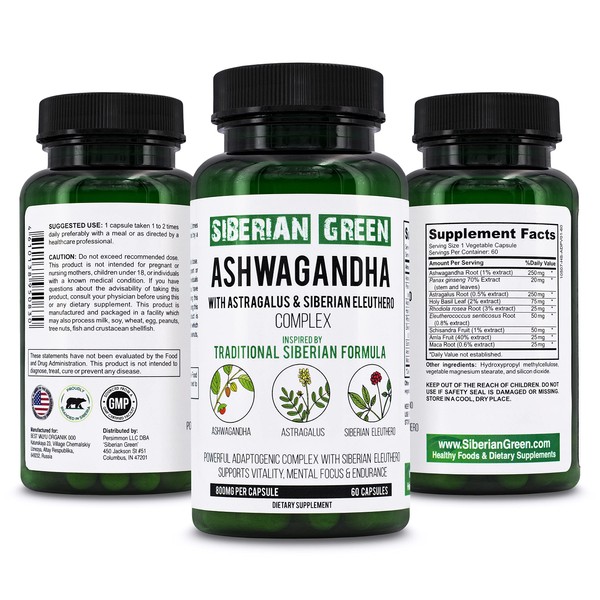Siberian Green Organic Ashwagandha Root with Astragalus & Siberian Eleuthero Ginseng Complex 60 Capsules Powerful Herbal Support