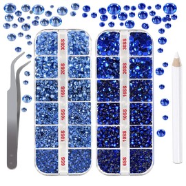 DIY Hotfix Rhinestones Flatback, Sapphire Blue Hot Fixed Rhinestones, 4832 Pcs, Gem Picker, Tweezer, Bedazzler Kit with Rhinestones, 5 Sizes SS6-SS30