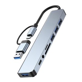 FEISEDY Hubs, 8 en 1 Adaptador de Doble Cabezal USB y Tipo C,USB 3.0 * 2,3.5 mm Conector de Audio,Lector de Tarjetas SD/TF, estación de Acoplamiento U