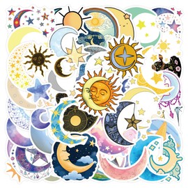 55Pcs Moon and Star Stickers, Decals Vinyl Waterproof Stickers for Water Bottle Laptop Luggage Helmet Skateboard Snowboard Guitar Scrapbook Phone Gifts for Teens Girls Kids Adult(Moon Star)
