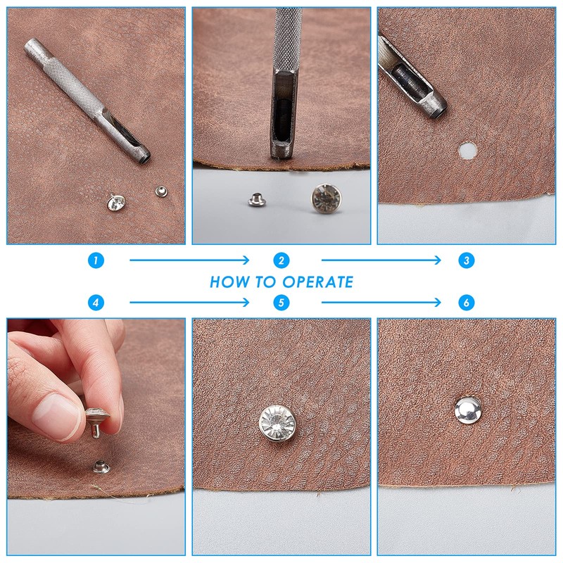 nbeads 180 Sets Rhinestone Rivets, 6 Sizes Silver CZ Clear