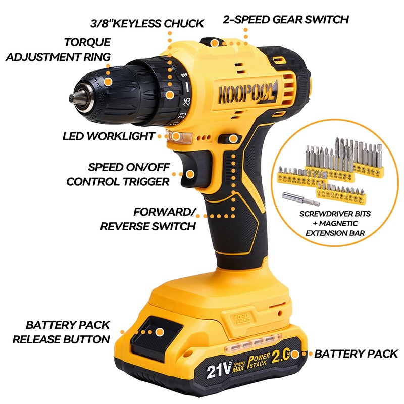 Tool Box Set: Cordless 21V Power Drill Tool Kit with