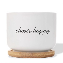 DecStic Choose Happy Planter Ceramic Bible Verse Round Plant Pots with Drainage Holes and Bamboo Tray Pot for Pots Outdoor Indoor Plants
