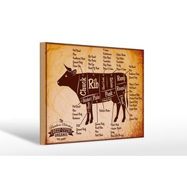 Ontrada Holzschild 20x30cm Kuh Beef cuts Organic Metzgerei Holz Schild