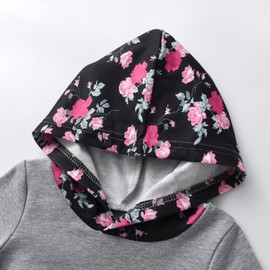 3Pcs Infant Baby Girl Clothes Set Toddler Hoodies Floral Long Sleeve Pullover Sweater Tops with Pocket Pants Headband Fall Winter Outfits Grey 6-9 Months