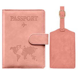 Toctax Passport Cover and Suitcase Tag Set, Passport Case with RFID Blocker, Passport Organiser, Passport Cover for Men and Women, Passport Cover for Travel Essentials (Pink)