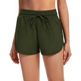 OBFUN - Pantalones cortos deportivos de 2.5 pulgadas para mujer, bolsillos de cintura alta, color negro, para correr, entrenamiento, gimnasio, yoga, Verde militar, X-Large