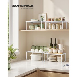 SONGMICS Spice Racks, Set of 4 Metal Cabinet Shelf Organizers, Countertop Organizers, Shelf Risers, Stackable, Expandable, White UKCS006W01