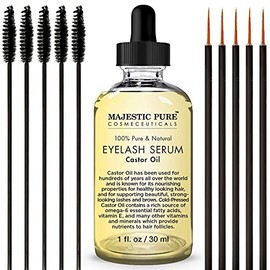 Majestic Pure Castor Oil for Eyelashes Growth Serum, Pure and Organic, Promotes Natural Eyebrows & Eyelash Growth, 1 fl oz - Free Set of Mascara Brush and Eyeliner Applicator