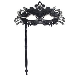 WILOVCOS Womens Masquerade Mask with Stick, Handheld Mardi Gras Mask,Venetian Party Masks (Black)