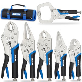 Rizom Vice Grips Pliers Set, 6-Piece Locking Pliers Set, 6-1/2”, 9-1/2” Needle Nose Vice Grips, 5”, 7” and 10” Curved Jaw Vise Grip, 6” C-clamp Locking Pliers, Fast Release with Rolling Pouch
