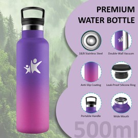 Grsta Thermos Flask, 500 ml Stainless Steel Drinking Bottle with Straw, BPA-Free, Leak-Proof Drinking Bottle, 24 Hours Cold & 12 Hours Warm, Double Walled, for School, Camping, Travel