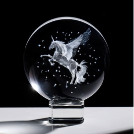 6cm Crystal Ball Engraved 3D Pegasus Figurine Paperweight with Stand, Glass Unicorn Flying Horse Collectible Home Ornament Christmas Birthday Gifts for Women Friends