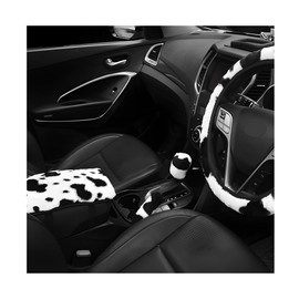 ZNDAW 4PCS Cow Print Car Accessories Set, Fluffy Cute Cow Print Steering Wheel Handbrake Gearshift Cover Armrest Pad, Warm Furry Cows Anti-Slip Protector Vehicle Interior Decoration