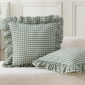 Aryeleay 2 Pack Sage Green White Plaid Ruffle Throw Pillow Covers 18x18 inches, 100% Cotton Gingham Checkered Farmhouse Decorative Pillow Shams for Bed/Sofa (18x18 inches, Sage Green/White Plaid)