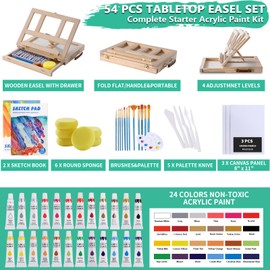 Wooden Tabletop Art Easel for Painting, 54 Pieces Starter Acrylic Paint Set with 24 Colors Acrylic Paints, Canvases, Sketch Pads, Brushes and Palette for Adults Teens Kids Beginners