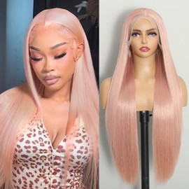 ISAMY Synthetic Lace Front Wig, HD Glueless Lace Wig Pre-Plucked Long Straight Wigs for Black Women (Light Pink)