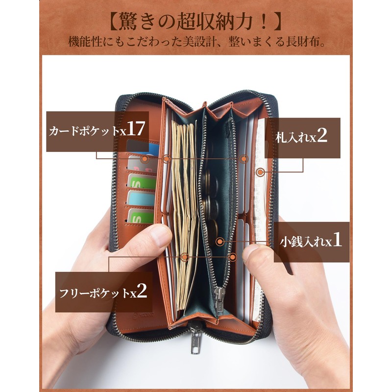 Modiko Men's Long Wallet, Large Capacity, Carbon Leather, YKK Leather,