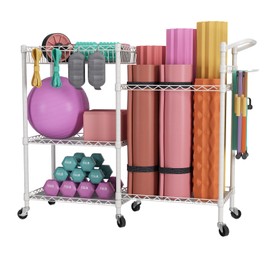 SINGAYE Yoga Mat Storage, Gym Equipment Storage, Cart for Organizing Workout Room, Home Gym Storage with Hooks and Wheels White