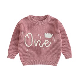 MAHUAOYIXI Baby Boy Girls First Birthday Sweater Long Sleeve Crew Neck Letter Crown Embroidery Ribbed Knit Pullover Jumper Toddler Clothes Warm Knitwear Birthday Gift (Pink, 9-12 Months)