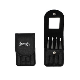 TWEEZIA Juego de Pinzas de Acero Inoxidable - 4 Pinzas de Precisión con Espejo y Estuche de Cuero - Kit Ideal para Cejas, Pinzas para Vellos Encarnados, Kit de Eliminación de Astillas o Pinzas