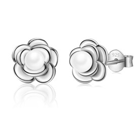 Stud Earrings 925 Silver Small Camellia Flowers with Pearl, 1 Pair Earrings Gold/Silver/Rose Gold Flower Earrings for Women Girls, White Gold
