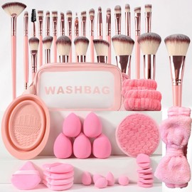 ASVEL 51 Piezas Set de Brochas de Maquillaje Profesional Completo, Rosa con Brochas de Maquillaje, Esponjas, Cuencos para limpiar y bolsa de maquillaje, para Maquillar Ojos Mejillas Rostro y Viajar
