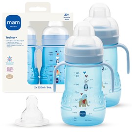 MAM Trainer - Taza para beber para niños pequeños de 1 a 3, 8 onzas, taza de transición con boquilla extra suave, pezón sin derrames y asas antideslizantes, para niños de más de 4 meses, 2 unidades