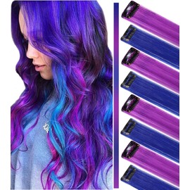 ECOCHARMS 21 Inch 8 PCS Princess Party HighlightBlue Purple Hair Pieces Colored Hair Extensions for Girls and Kids Wig Pieces for Dolls(Blue Purple)