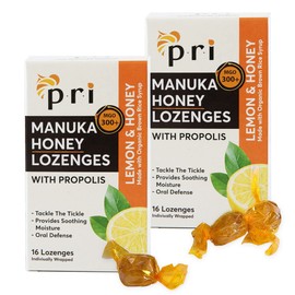 P.R.I Manuka Honey Lozenges with Propolis, Soothing Cough and Throat Drops, MGO 300+ Certified, (Lemon, 16 Count/2 Pack)