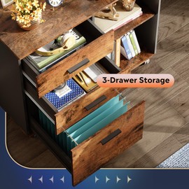 DEVAISE DEVAISE 3 Drawer Mobile File Cabinet, Wood Lateral Filing Cabinet, Printer Stand with Open Shelves for Home Office, Rustic Brown