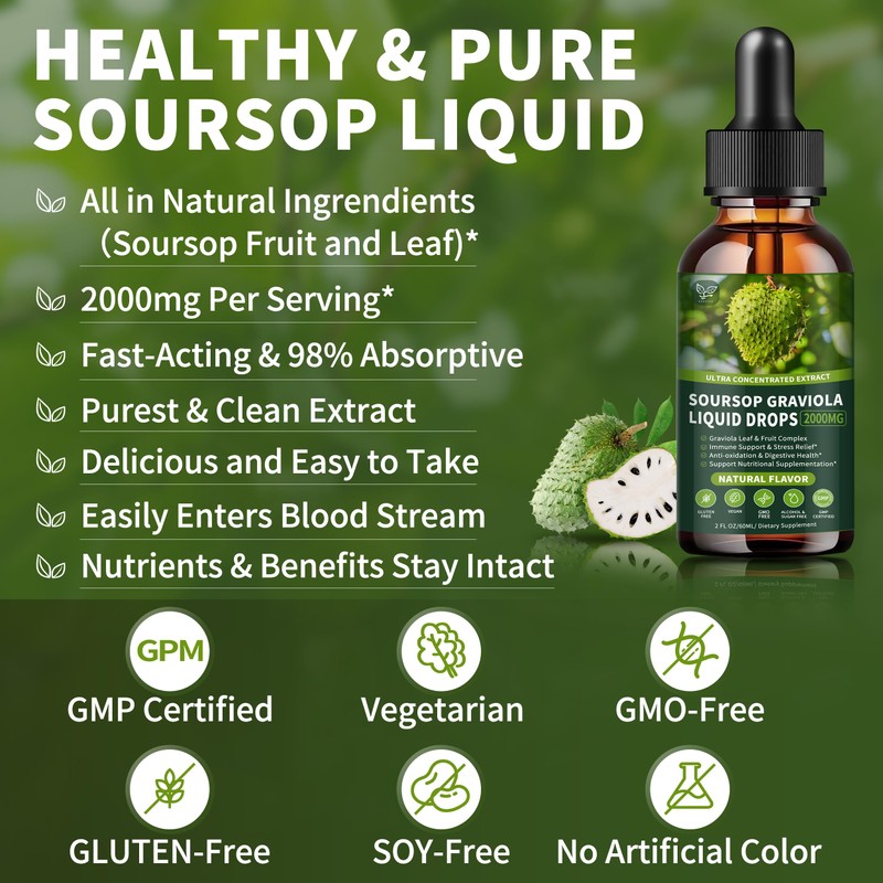 Soursop Graviola Liquid Drops 2000mg, 98% Absorption for Cell Support