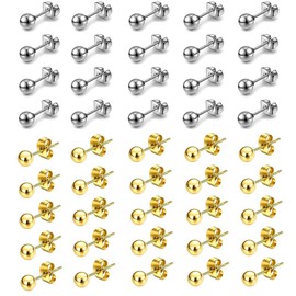 Samcos Earrings, 20 Pair Set, Silver 10 Pairs + Gold 10 Pairs Round Ball Earrings, Stainless Steel, Round Ball, Anniversary, Birthday, 0.1 inch (3 mm), Gift, Unisex, Accessory, Silver Stainless Steel