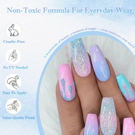 24PCS French Macaron Ombre Press on Nails – Long Coffin Shape Fake Nails with Glitter & Sequins – Gradient Gel Look False in Multi Sizes Reusable ABS Material with Accessory Tools