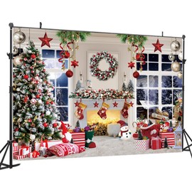 DHXXSC 7X5FT Christmas Backdrops Xmas Party Backdrop Christmas Window Snow Moon Christmas Tree Background Christmas Fireplace Theme Backdrop for Photography Decor Booth Props banner DH-809
