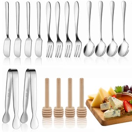 Jutieuo Charcuterie Board Accessories, 18 Pcs Silver Stainless Steel Spreader Knives Set Include Mini Serving Tongs, Cheese Butter Knives, Spoons, Forks, Honey Dippers