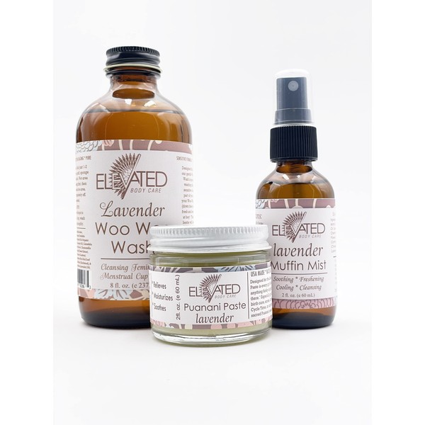 Elevated (by Taylor's Naturals) Ladies Bestie Kit | Woo Woo Wash, Muffin Mist, Puanani Paste | All Natural Feminine Care - Keeps You Fresh, Moisturized & Balanced | Made in USA | Glass (Lavender)