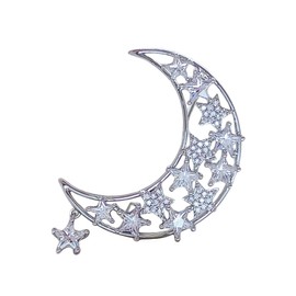 KINMOT Delicate Silver Tone Opens Outline Moon & CZ Stars Brooch with Star tassel Eclipse Jewelry