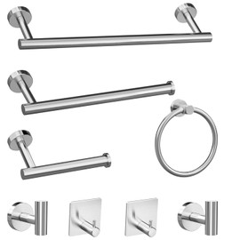 Round Brushed Nickel Bathroom Hardware: 8 Pieces Stainless Steel Bath Accessories Set - Including Wall Mounted Towel Rack&Toilet Paper Holder&Towel Ring&Robe Towel Hook