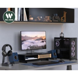 WELL WENG Monitor Stand Riser with Sliding Door, Desk Shelf with Storage (Black + Natural Bamboo, 25 Inch)